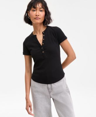 On 34th - Women's Cuffed Rib-Knit Henley T-Shirt