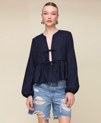 Avec Les Filles - Women's Linen-Blend Tie-Front Blouse