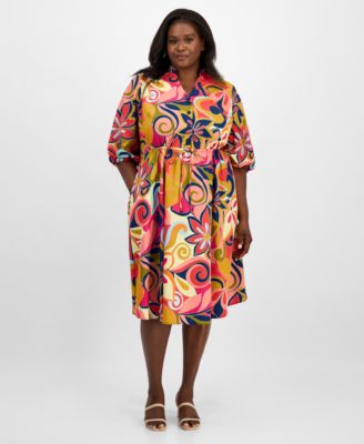 Sandra Darren - Plus Size Printed Drawstring-Waist Shirtdress