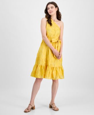 Anne Klein - Women's Jacquard One-Shoulder Belted Dress