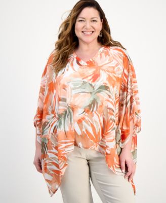 Kasper - Plus Size Floral-Print V-Neck Dolman-Sleeve Poncho Top