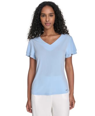 Calvin Klein - Women's Solid V-Neck Flutter-Sleeve Top