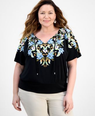 JM Collection - Plus Size Bali Blossoms Blouson Top