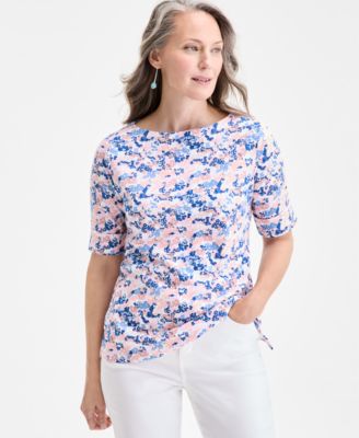Style & Co - Women's Salt Floral Elbow-Sleeve Knit Top