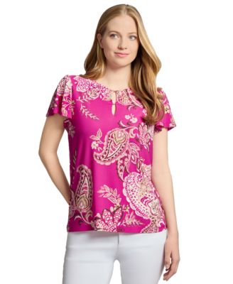 Jones New York - Petite Paisley-Print Keyhole Flutter-Sleeve Top