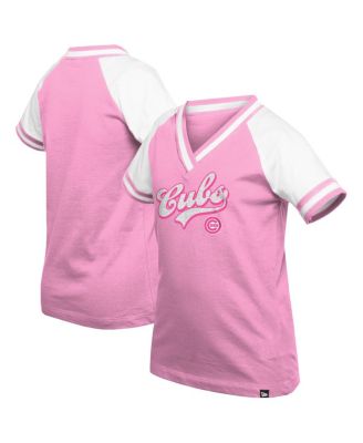 New Era - Big Girls Pink Chicago Cubs Mommy Me Raglan V-Neck T-Shirt