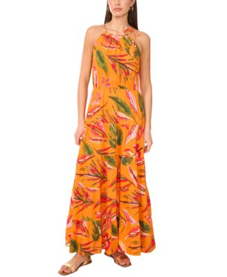 Vince Camuto - Women's Tiered High-Neck Leaf-Print Maxi Dress