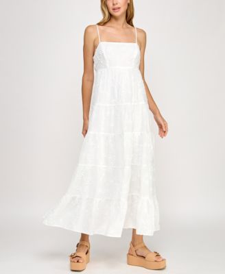 Crystal Doll - Juniors' Woven Tie-Back Tiered Maxi Dress