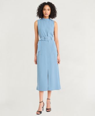 Luxely - Women's Twill Belted Mock-Neck Sleeveless Dress